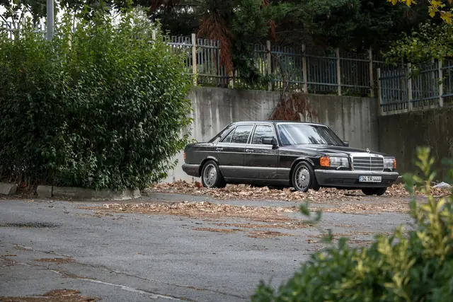 A dark Mercedes-Benz sedan of the 1980s parked beside a hedge