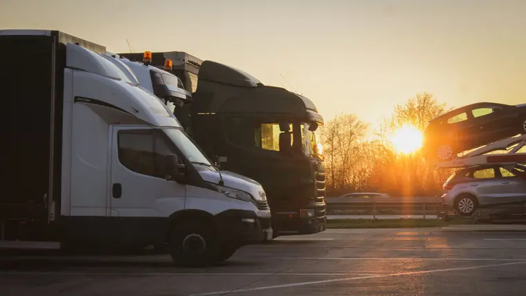 Transporters and trucks parked in an open lot at sunset